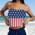Swimsuit Model wearing a strapless 4th of July Tube Top with an American flag design on Pensacola Beach