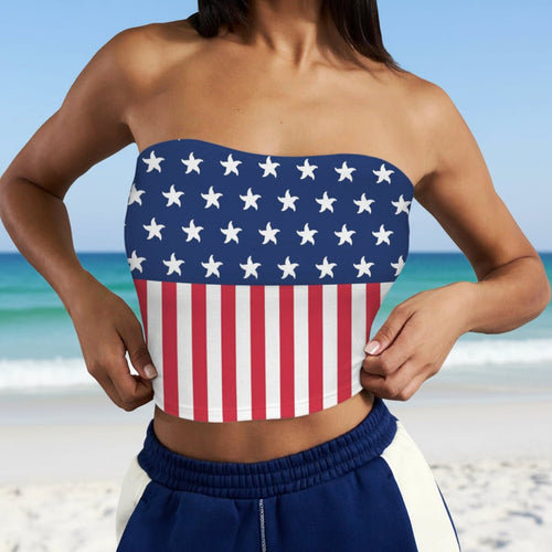 Swimsuit Model wearing a strapless 4th of July Tube Top with an American flag design on Pensacola Beach