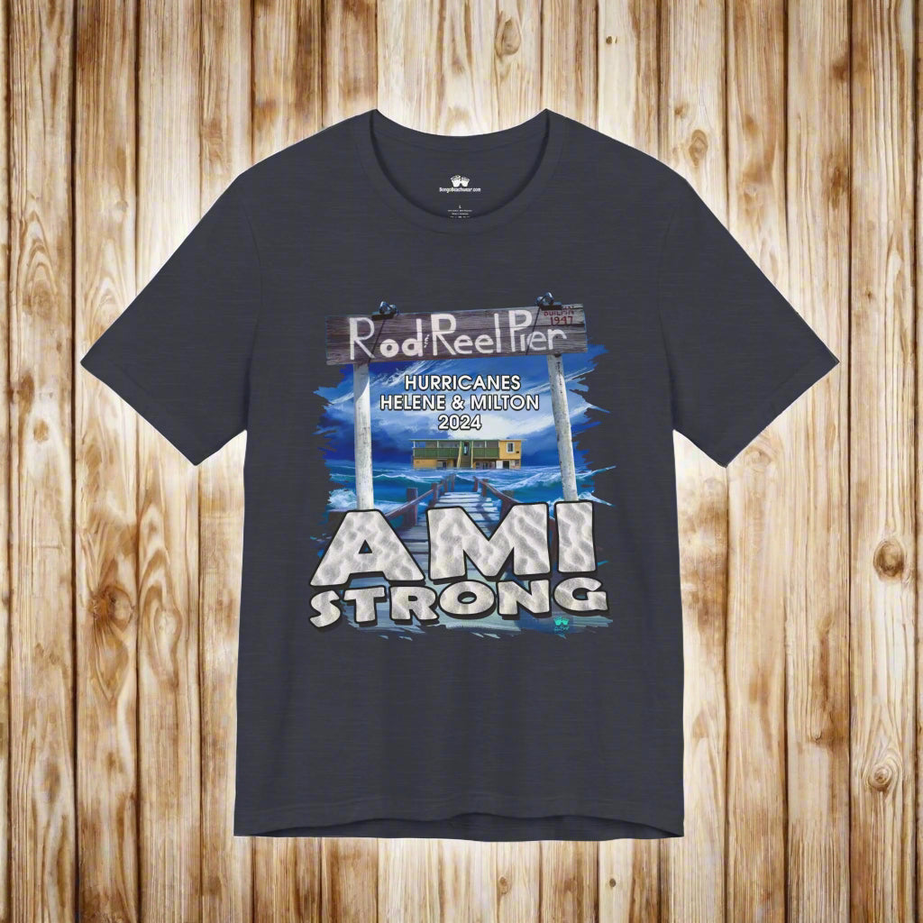 Navy blue t-shirt with 'AMI Strong' graphic on a nautical wood background