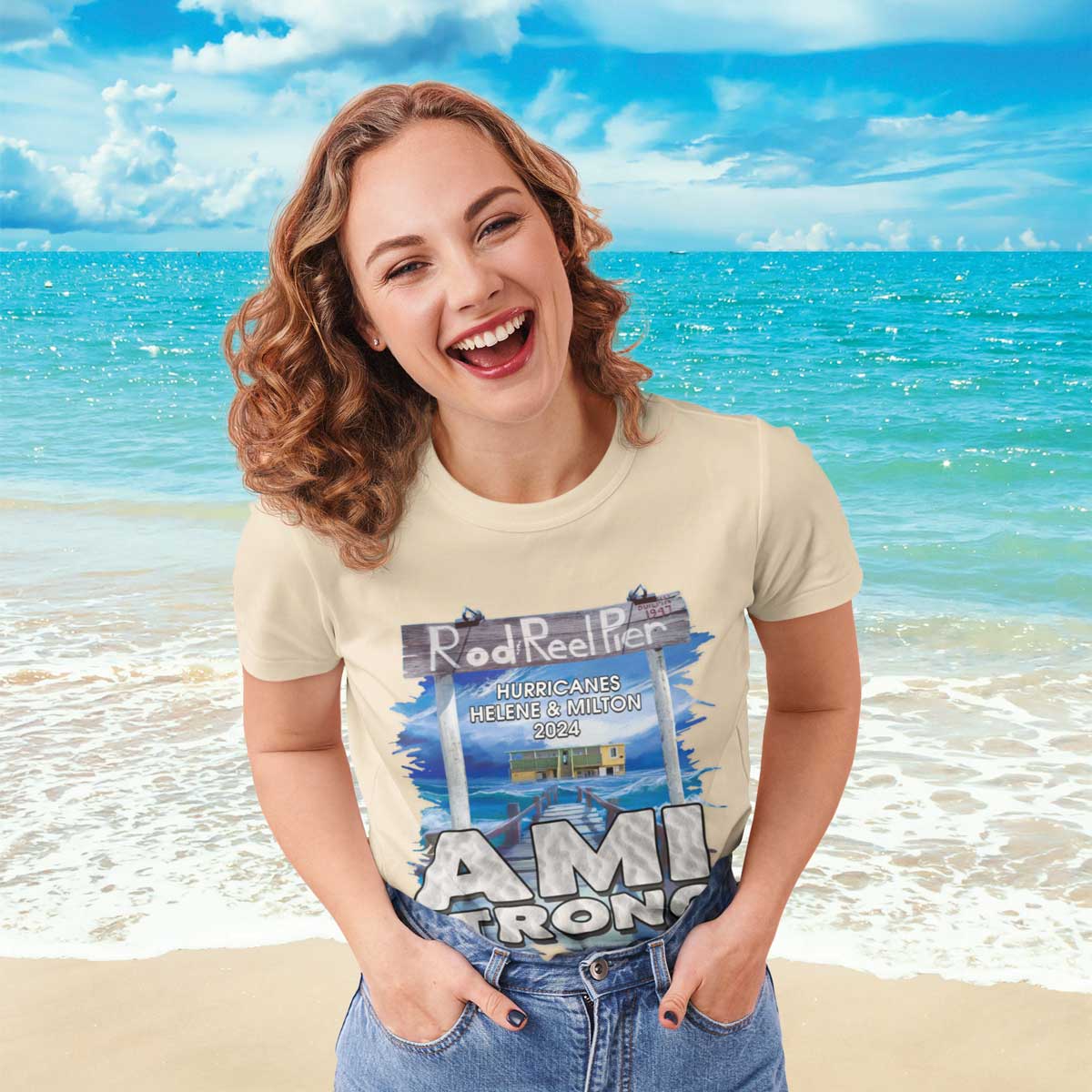 Woman wearing a t-shirt with a graphic design on a beach