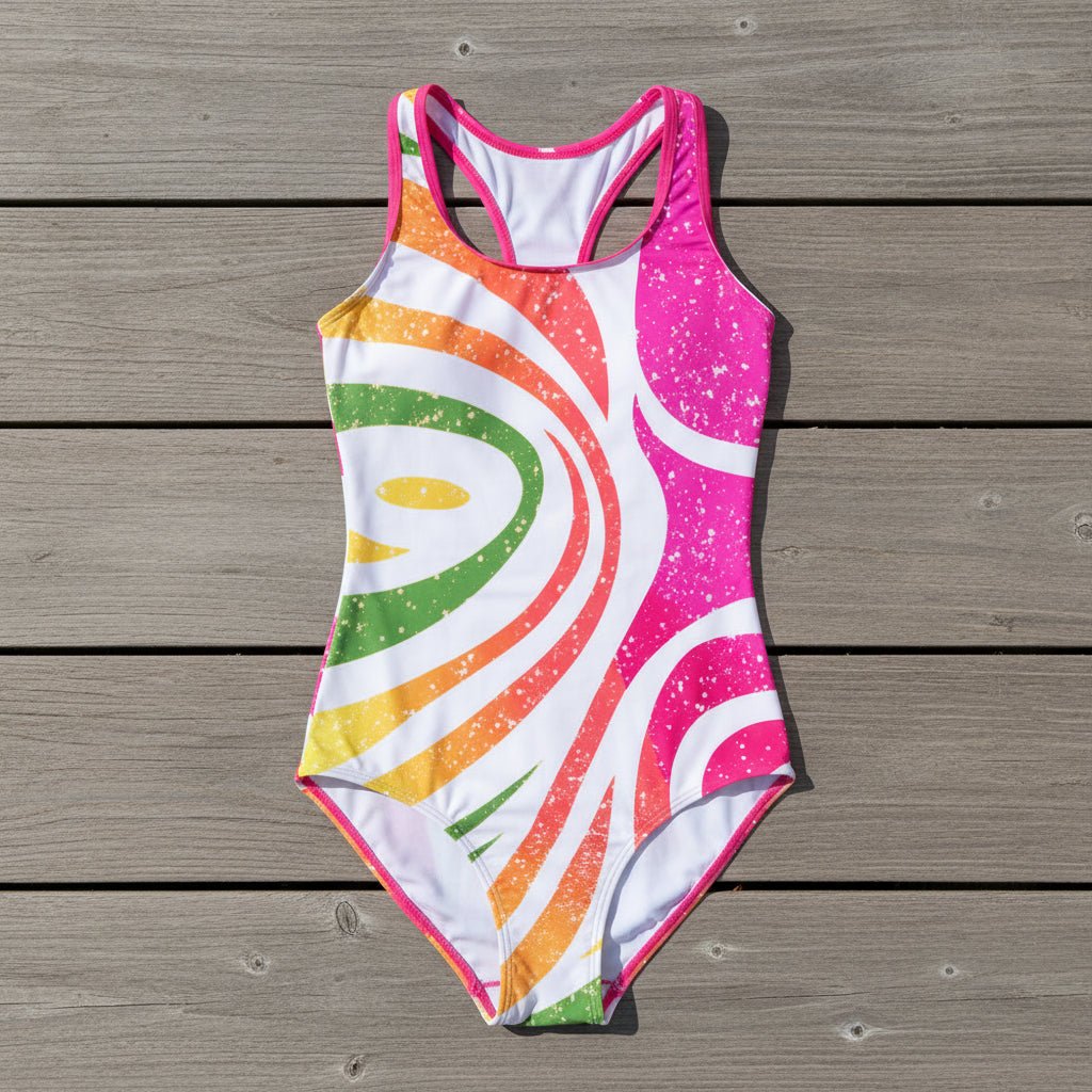 Colorful one-piece racerback swimsuit on a wood deck