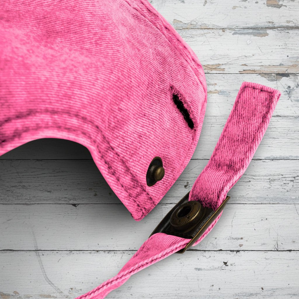 Close-up of a pink helmet with chin strap on a faded nautical wood background