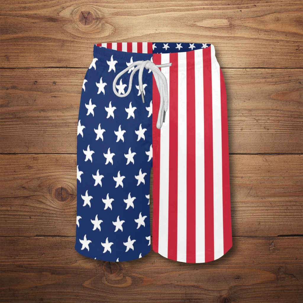 Swim shorts with American flag design on a nautical wood background