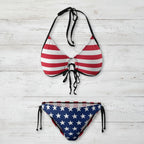 Bikini set with American flag design on a white background