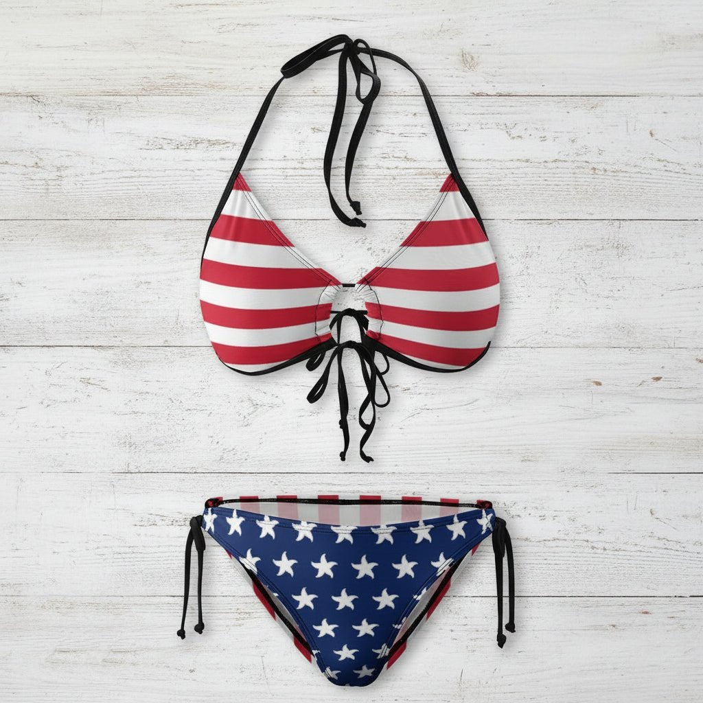 Bikini set with American flag design on a white background