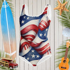 Teen youth one-piece swimsuit over a rustic surf shack wall with a surfboard and surf 
