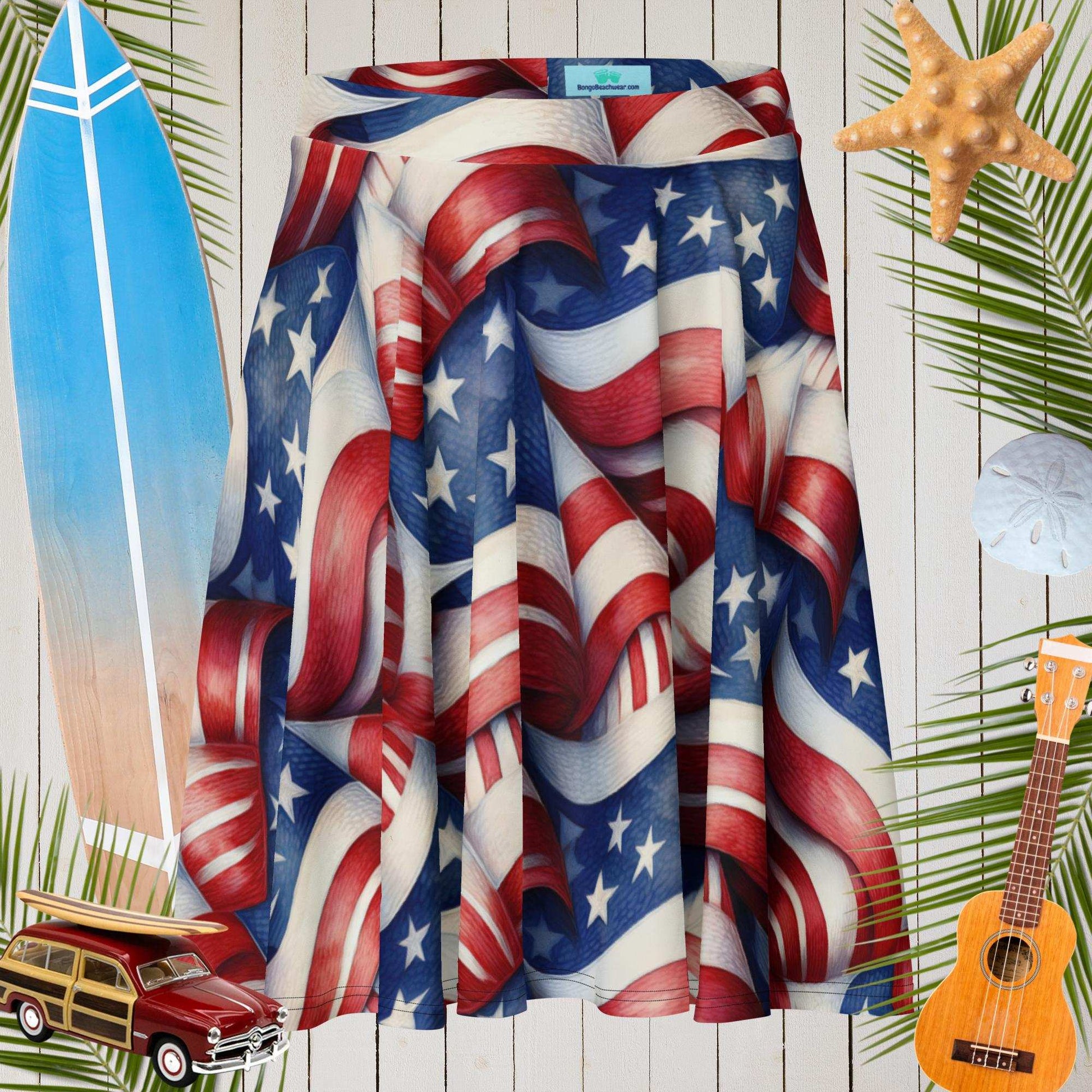 American flag pattern printed on a surf shirt. floating over a rustic wood background with surfboards and palm leaves. 