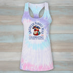 A women's racerback tank top with a pastel tie-dye pattern in purple, blue, and pink, featuring a central graphic of an American parrot and the text 'American Parrot Head Celebrating 250 Years of Freedom'.