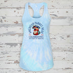 A light blue and white tie-dye racerback tank top featuring a 'American Parrot Head' 250th birthday graphic, displayed flat against a distressed white wood background.