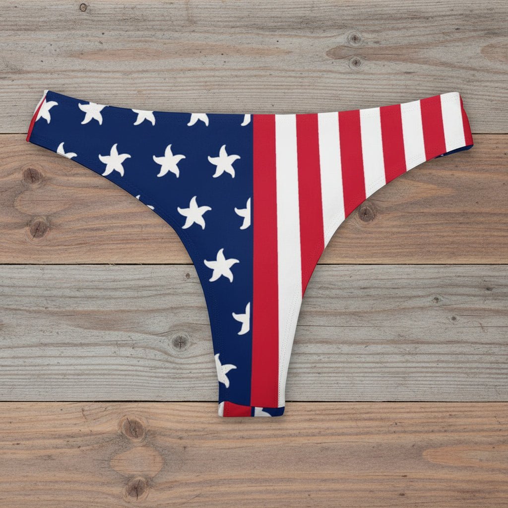American flag patterned underwear on a rustic wood background