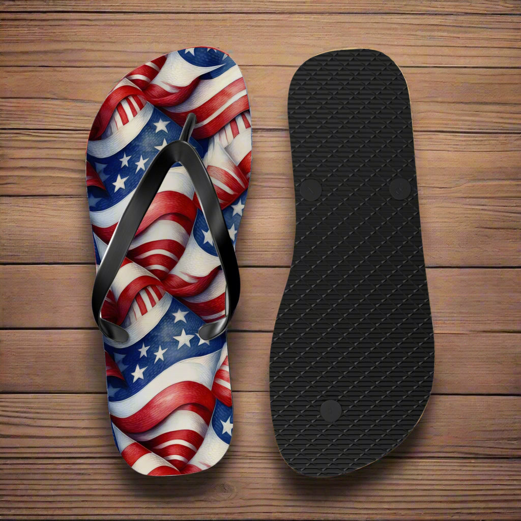 Flip-flop with American flag design on a rustic nautical wood background