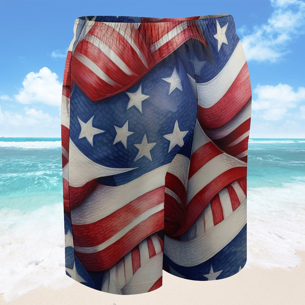 American flag patterned shorts with a beach background