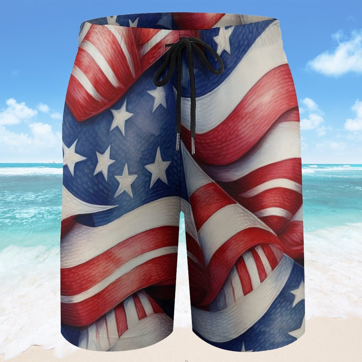 American flag-themed shorts with a beach background