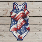 One-piece swimsuit with American flag design on a rustic nautical wood background