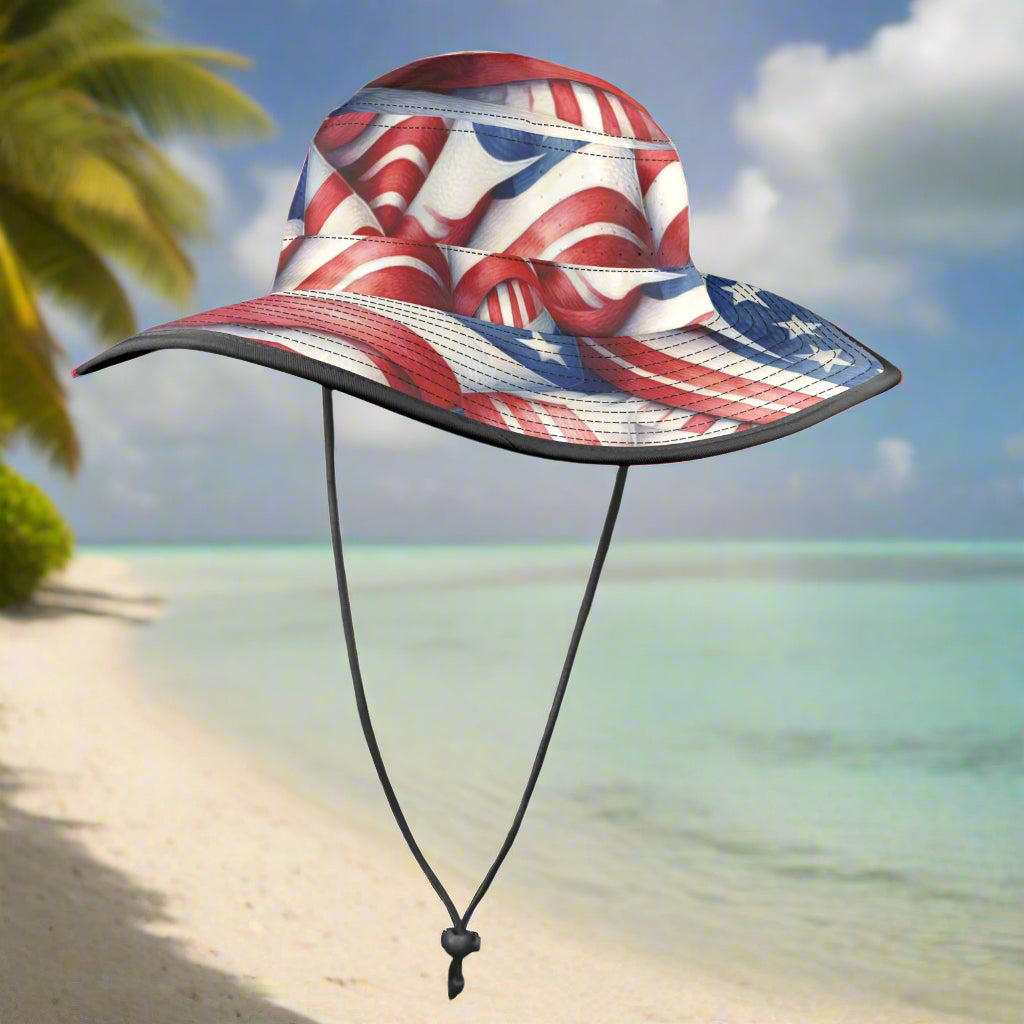 US Flag Pattern printed all over a cool wide brim Americana sun hat ready for a celebration at the beach. 