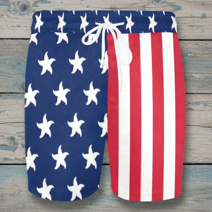 Swim shorts with American flag design on a rustic wood background