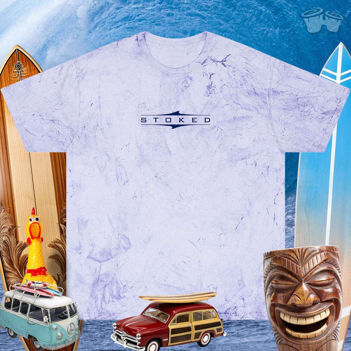 Surfboards, Beach Wagon, A Laughing Tiki and a Rubber Chicken in the background of a Stoked Surfer Vibe Garment Dyed T-Shirt 🤙