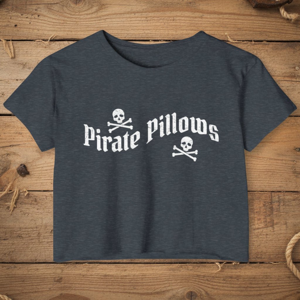 Dark gray t-shirt with 'Pirate Pillows' text and skull designs on a white background