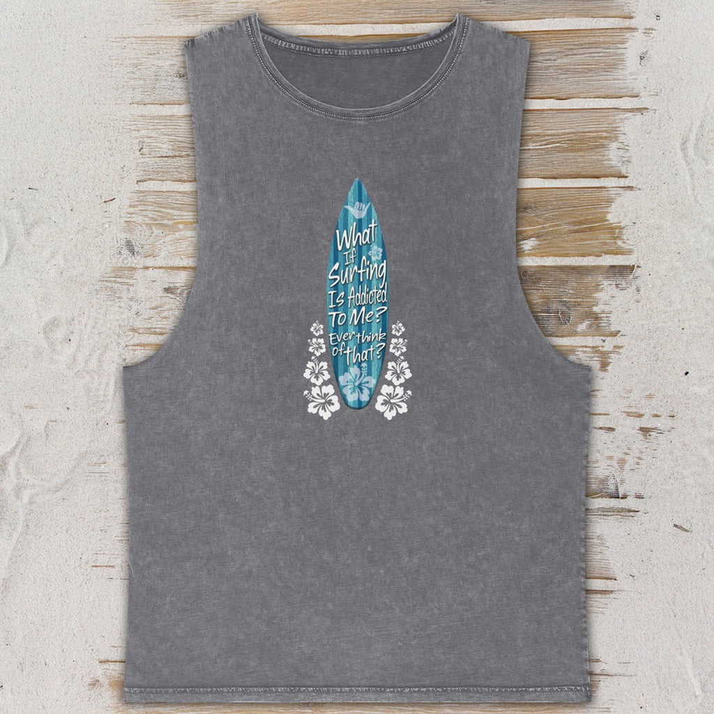 Gray sleeveless shirt with a blue and white graphic design on a textured surface