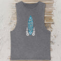 Gray sleeveless shirt with a blue and white graphic design on a textured surface