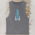 Gray sleeveless shirt with a blue and white graphic design on a textured surface