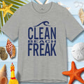 Clean Beach Freek unisex jersey tee on beach-themed background, perfect for summer vibes and beach lovers.