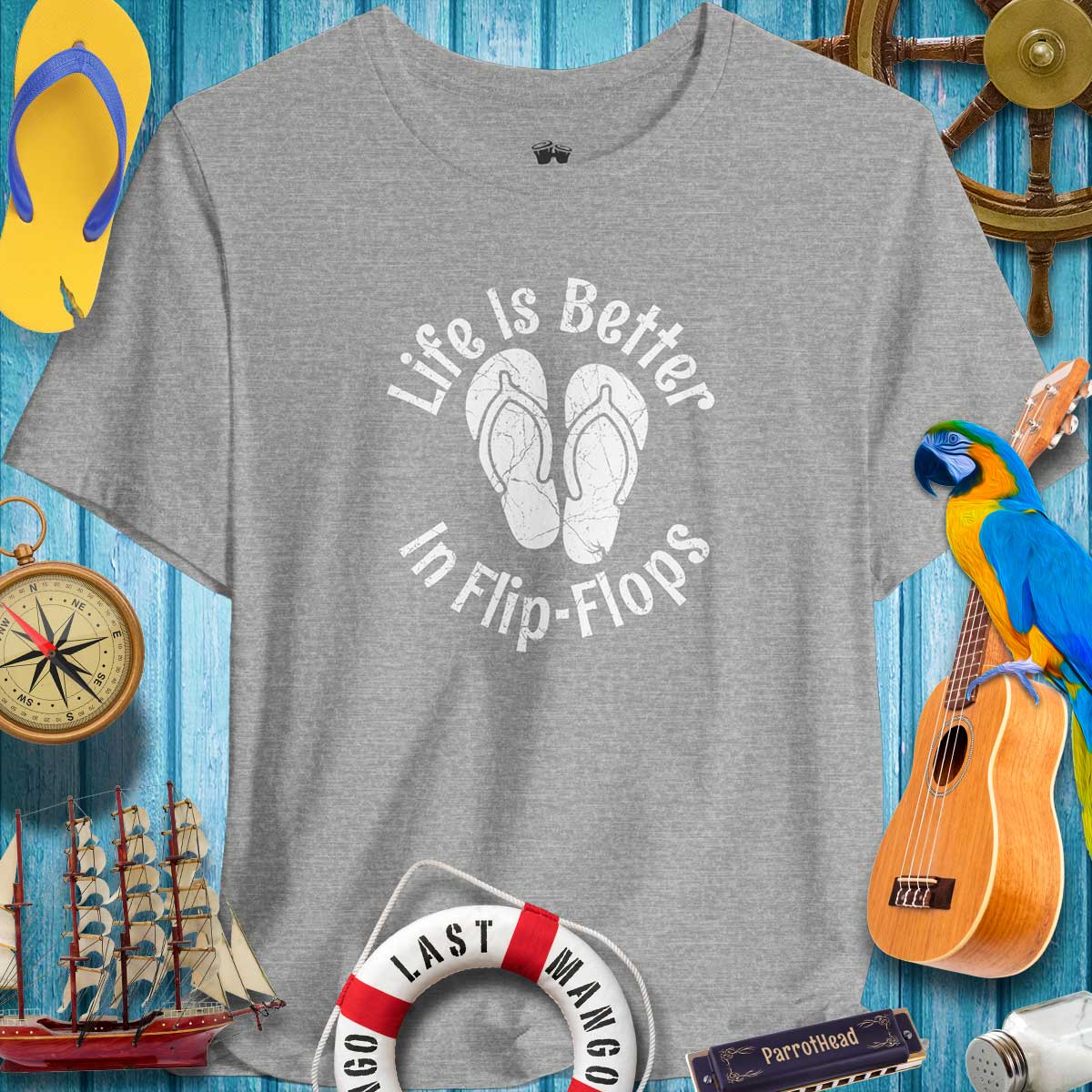 Life Is Better In Flip-Flops summer t-shirt with beach vibes, perfect for ParrotHead and casual outings.