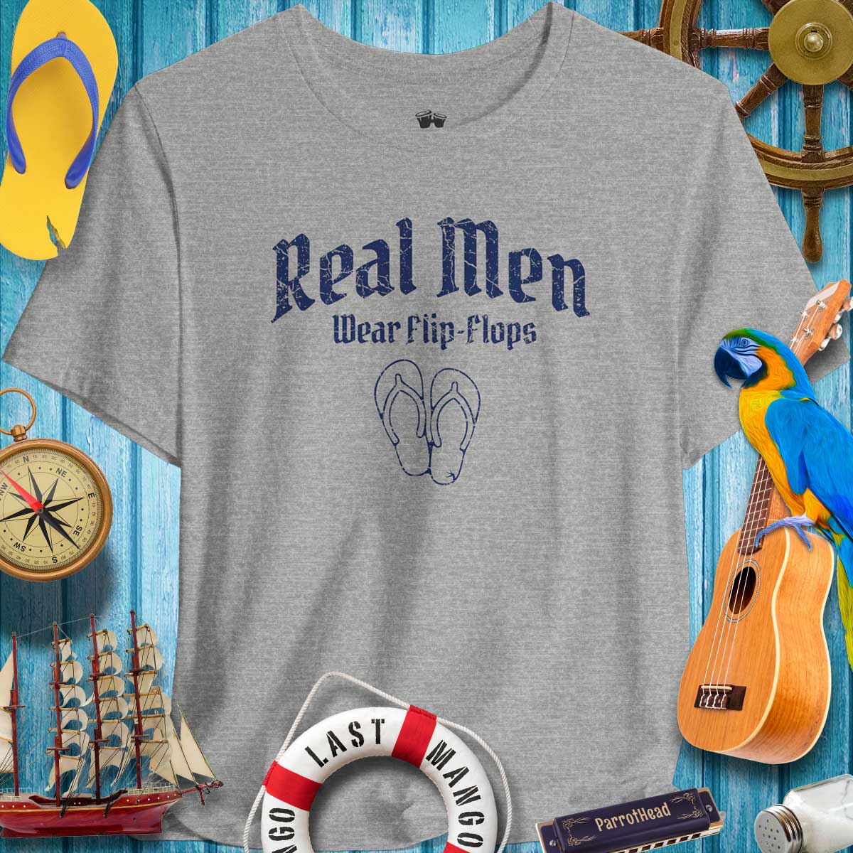 Real Men Wear Flip-Flops Bella Canvas T-Shirt, perfect for ParrotHeads and summer casual vibes.