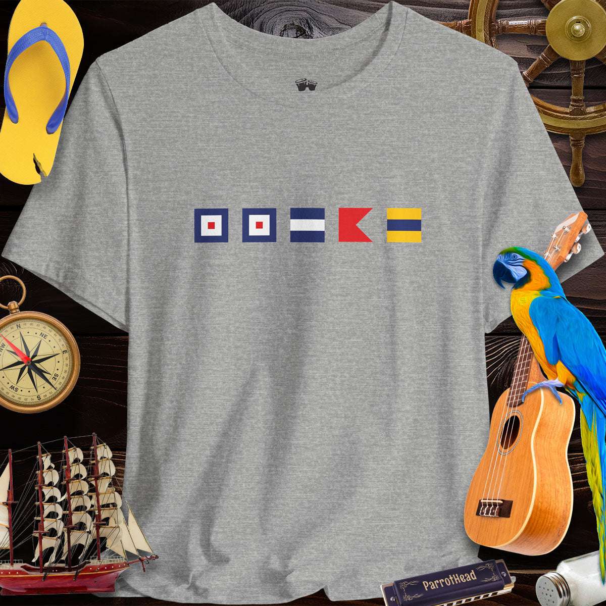 Nautical Signal Flags Tee with beach accessories, perfect WWJBD ParrotHead Gift for Jimmy Buffett fans.