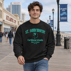 A man wearing a black crewneck sweatshirt with a teal graphic print reading 'ST. SOMEWHERE Caribbean Islands Where It's Warm Since 46' stands on a wooden boardwalk in Atlantic City, with the ocean and city buildings visible in the background.