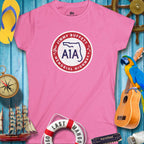 Women's Jimmy Buffett A1A Highway Sign Tee in pink, ideal for beach days and casual outings.