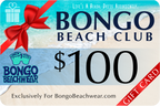Bongo Beach $100 Club gift card with a red bow on a blue and beige background