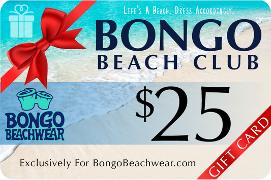 Bongo Beach Club $25 gift card with a red ribbon and beach-themed design.