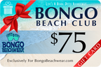 Bongo Beach Club $75 gift card with a beach scene and red ribbon
