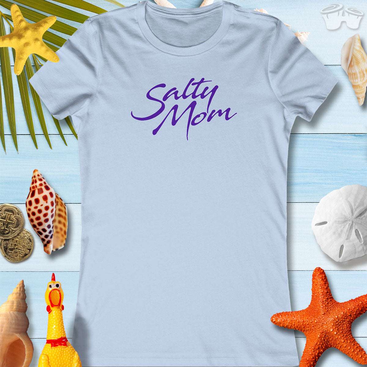 Salty Mom tee in light blue, perfect for beach lovers and trendy moms with playful style.