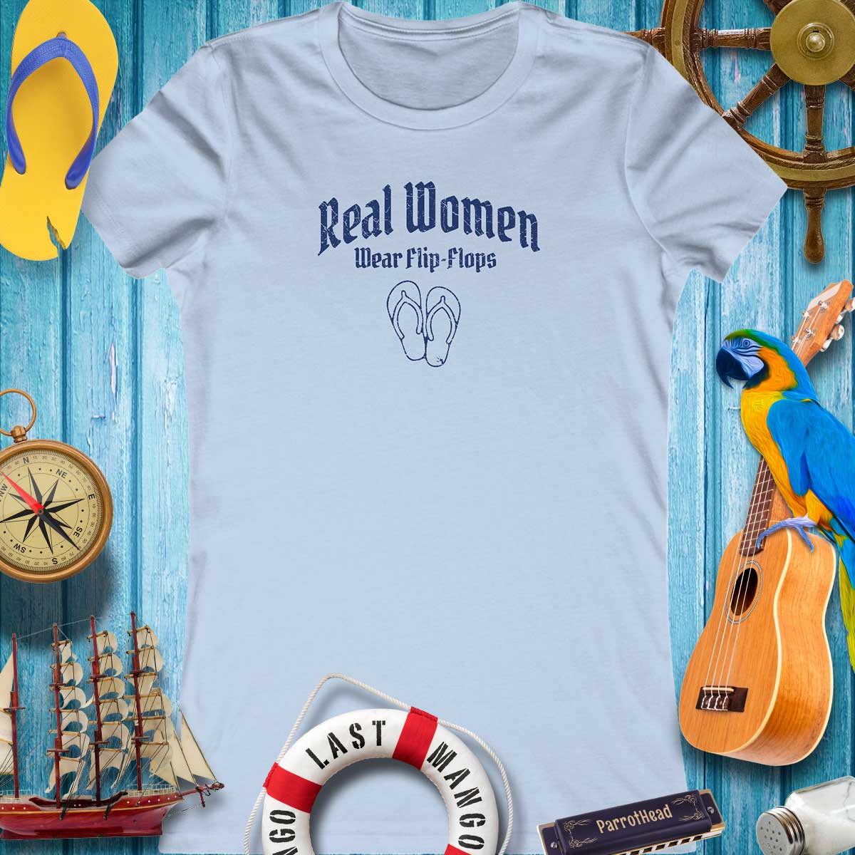 Women's Bella Canvas T-Shirt featuring 'Real Women Wear Flip-Flops' design, perfect for beach lovers and casual outings.