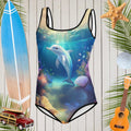 Baby dolphin on a one piece girls swimsuit floating in front of a rustic wood wall surrounded by beach and surf icons.