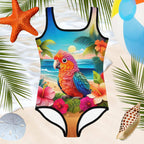 cute baby parrot on a girls one-piece swimsuit floating above the water surrounded by beachy icons like starfish and a beach ball. 
