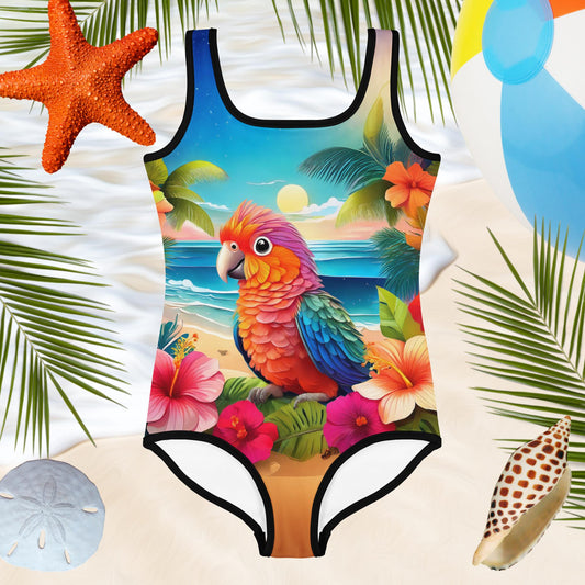 cute baby parrot on a girls one-piece swimsuit floating above the water surrounded by beachy icons like starfish and a beach ball. 