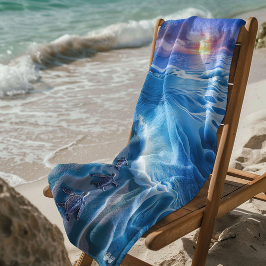 Beach Towel with beautiful ocean scene featuring baby sea turtles making their way home draped over a wooden deck chair on the beach next to the sea.