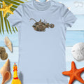 Steampunk Angler Fish on Women's Baby Blue Tee on a Beachy Background