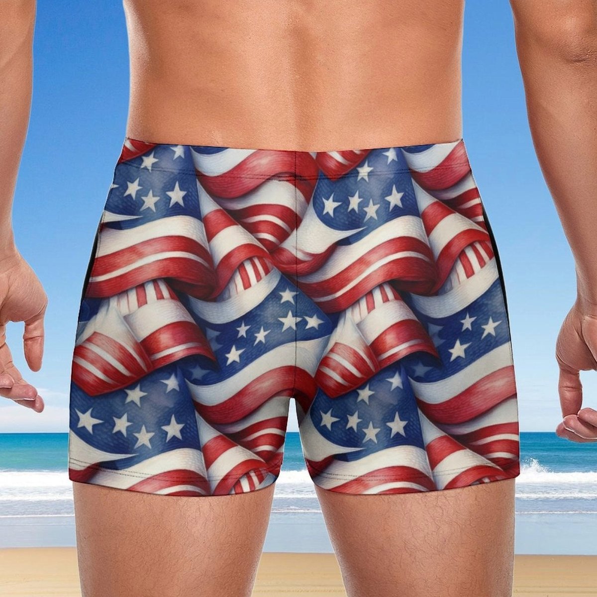 American flag patterned swim shorts with a beach background