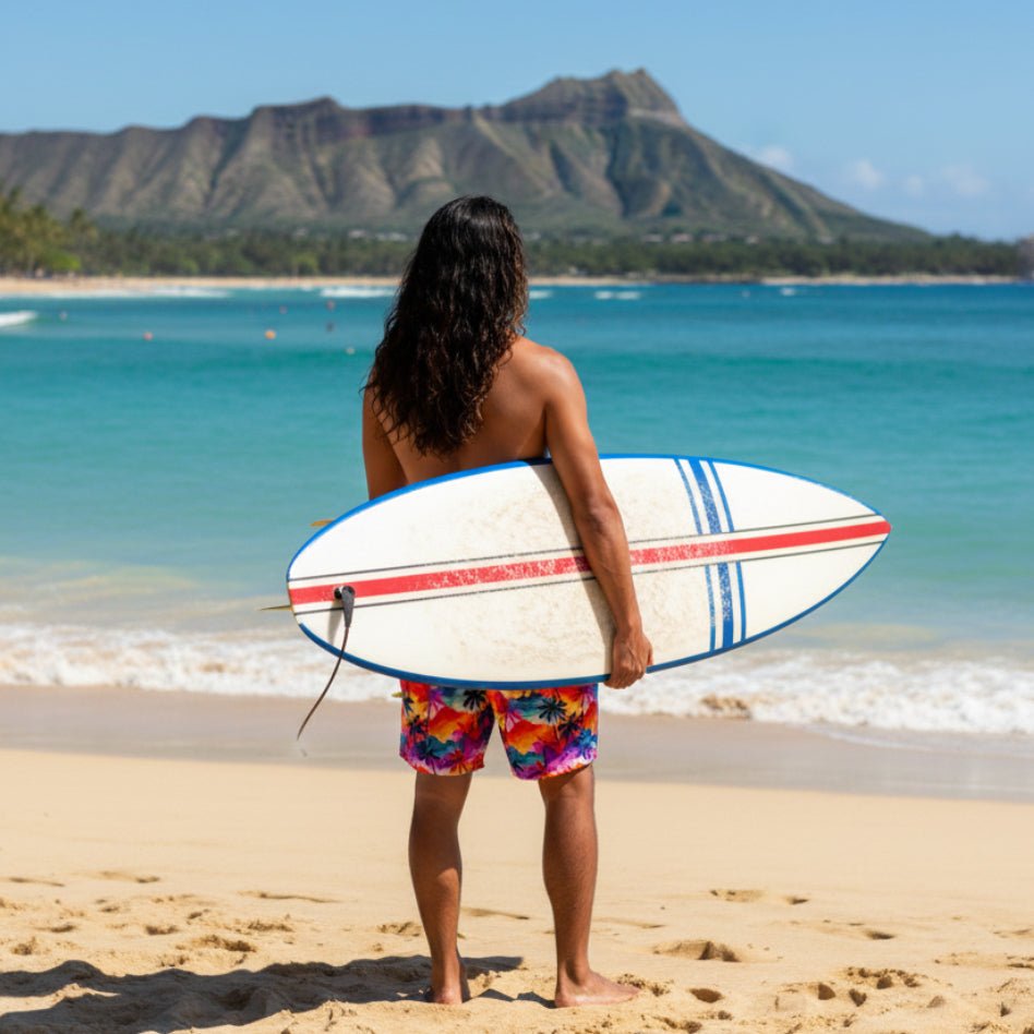Pacific Islander dude with long hair wearing Colorful palm tree patterned board shorts standing on Waikiki Beach holding a surfboard and looking out at the waves