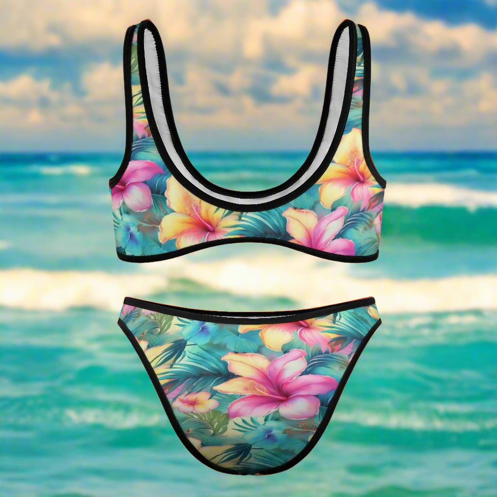 Tropical floral bikini set on a beach background