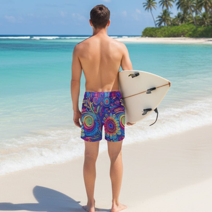 guy wearing tribal patterned swim shorts on a tropical island beach looking out at the surf holding a surfboard. 