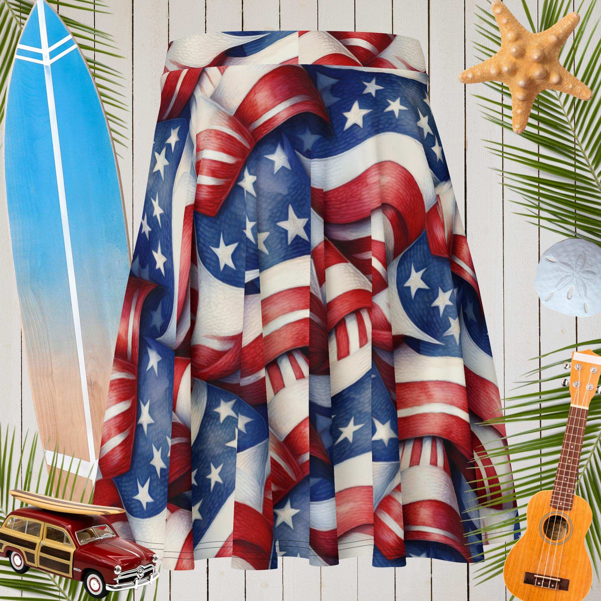 back side of Bongo Beachwear USA pattern skirt over a rustic wood backdrop with surfy items around.
