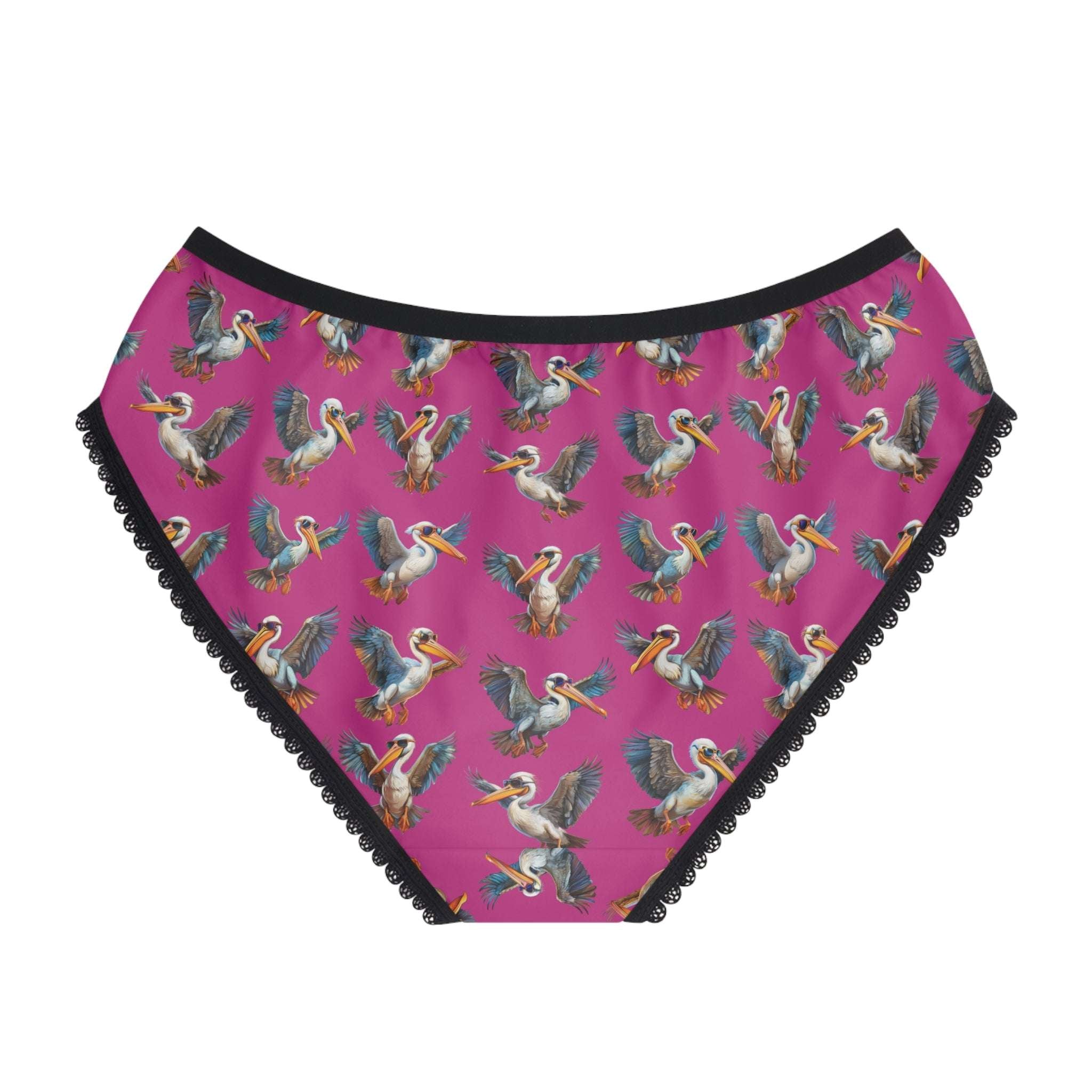 Pelican Briefs with fun pelican print on a vibrant pink background, featuring a comfortable elastic waistband.