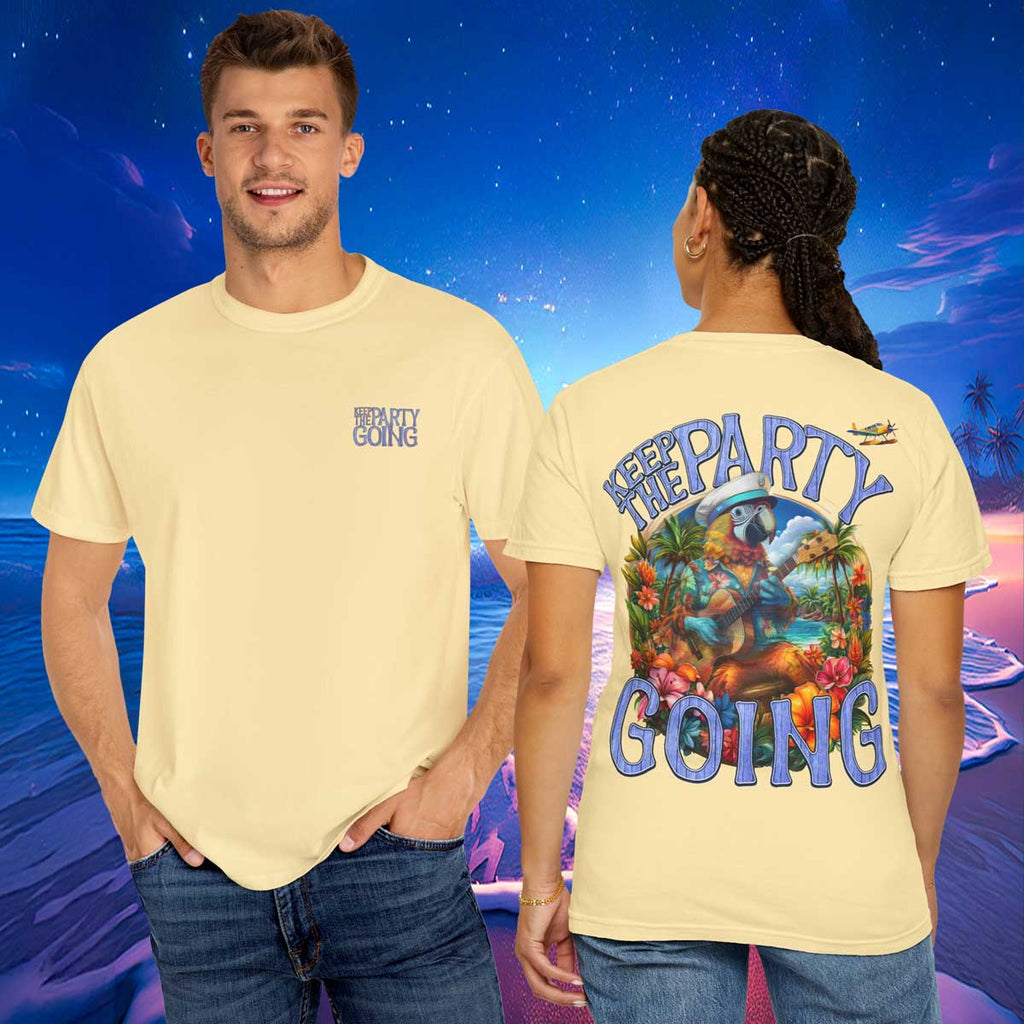 ParrotHead T-Shirt featuring 'Keep The Party Going' design, perfect for fans of Jimmy Buffett, beach parties, and music festivals.