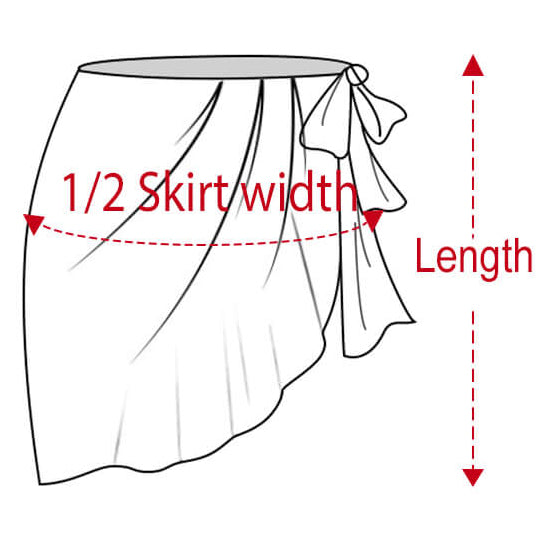 Diagram showing how to measure a skirt's width and length with red text labels.