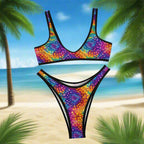 Colorful bikini set with a black border on an island beach background